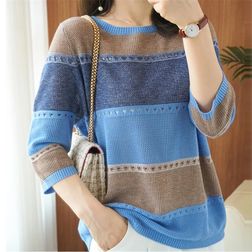 Women's Sweaters Summer Women knitted Short sleeve Thin Sweater Female Hollow Out Turtleneck Pullover Ladies knit Cotton Loose Jumpers 220920