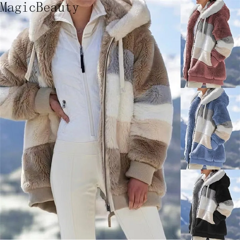 Pêlo de pele feminina pêlo de pêlo de inverno casaco quente vaso aranha de casaco de pelúcia com capuz Mulheres grossas e penteadas roupas de pele falsa de tamanho zíper 220919