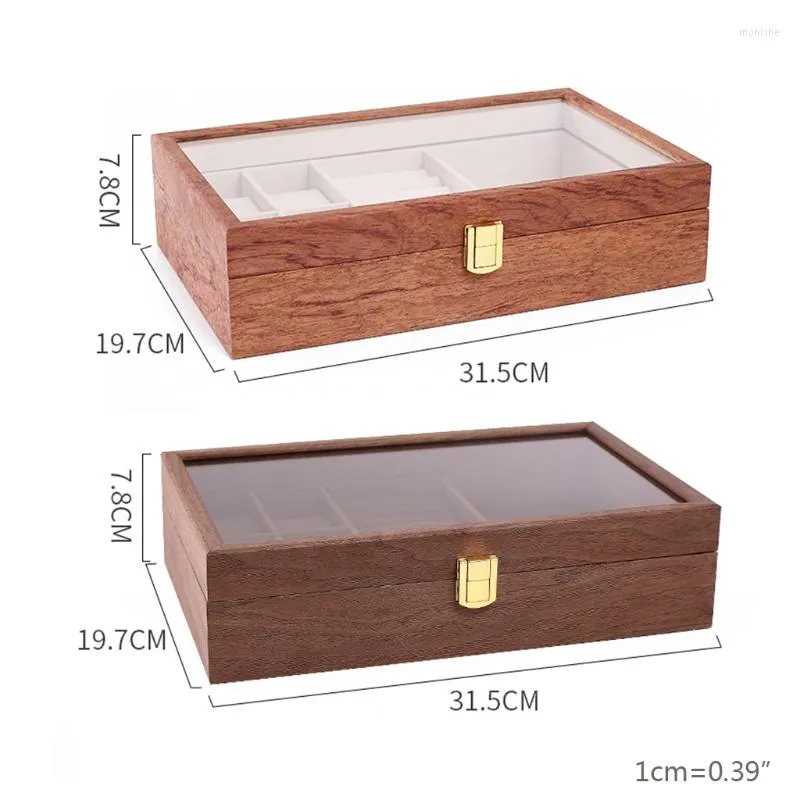 Watch Boxes 4 Slots Wooden Watches Display Box Ring Necklace Jewelry Case Container Organizer Showcase With Glass Lid