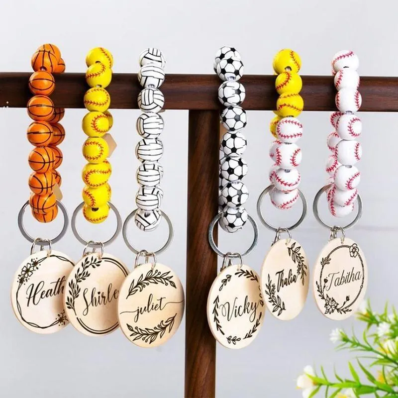 Wooden Ball Bracelet Keychain Bead Bracelet Disc Party Decoration With Wood Clips Custom Keyring Wristlet Elastic Rope Gift GCE14281