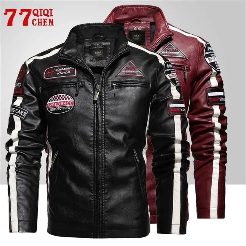 Herrläder Faux Leather Men's Motorcykel läderjacka Autumn Casual Patchwork Vintage Overcoat Biker Pu broderi Bomber Zipper Fleece Jackets Male 220921