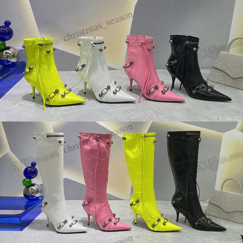 Cagole lambskin leather knee-high boots stud buckle embellished side zip shoes pink yellow pointed Toe stiletto heel tall boot luxury designers shoe f q1r2#