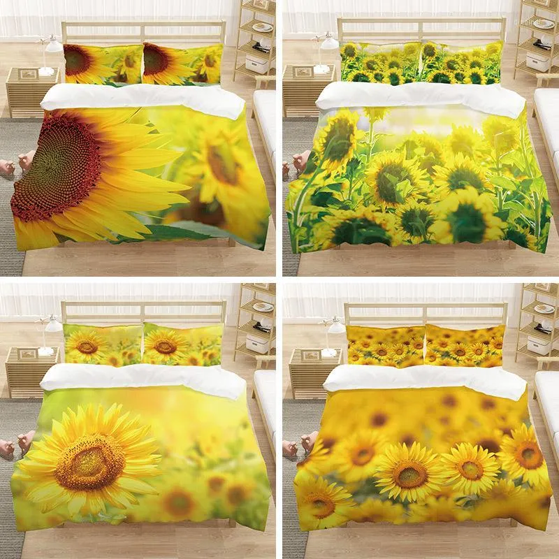 Наборы постельных принадлежностей 2/3PCS Sunflower Pattern Печать набор для спальни одеяло одеяло одеяло с наволочками для домашнего текстиля декор