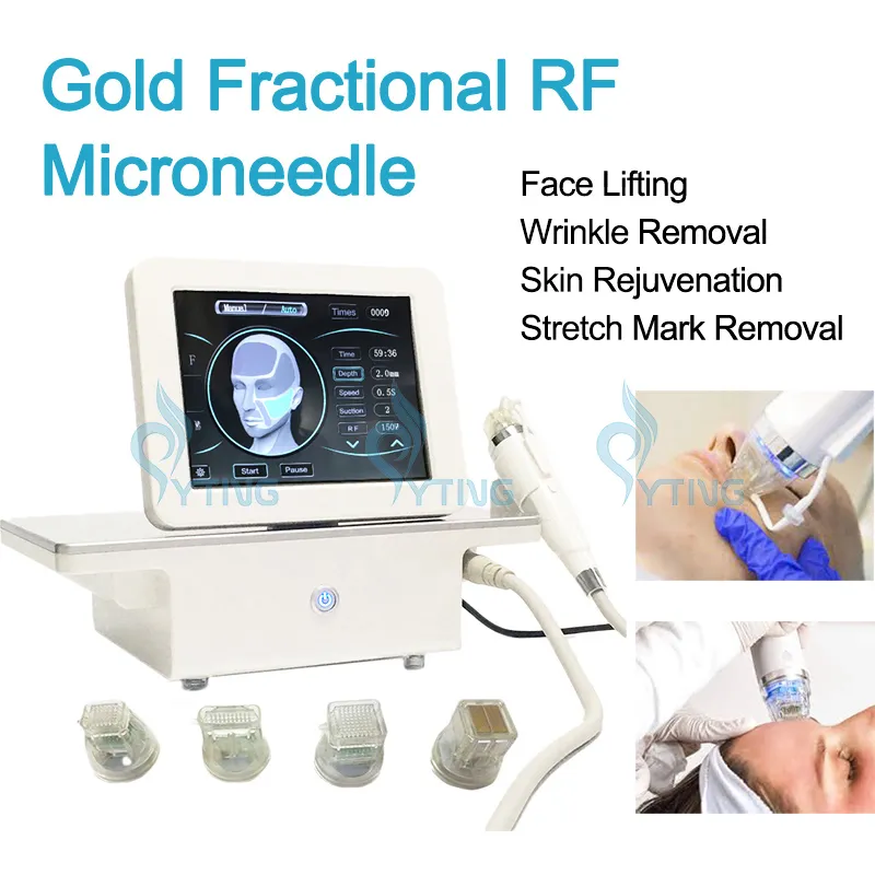 분수 RF Microneedle Machine 4 팁 금 마이크로 바늘 얼굴 리프팅 무선 주파수 피부 강화 주름 제거 방지 방지