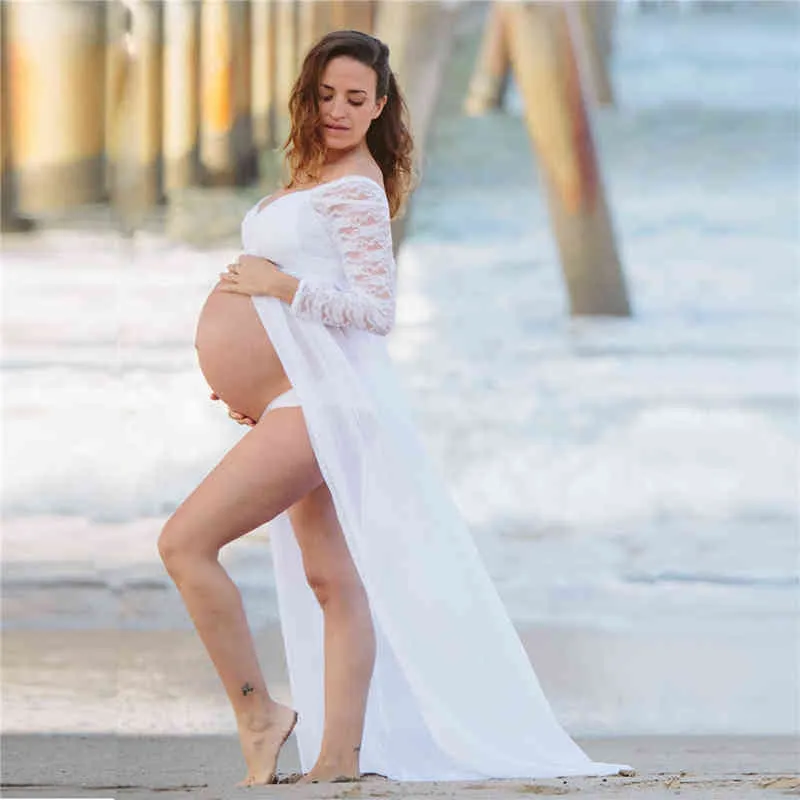 Elegante witte kanten moederschap Maxi jurk voor fotoshoots lange mouw gesplitste voorkant zwangerschapsjurk