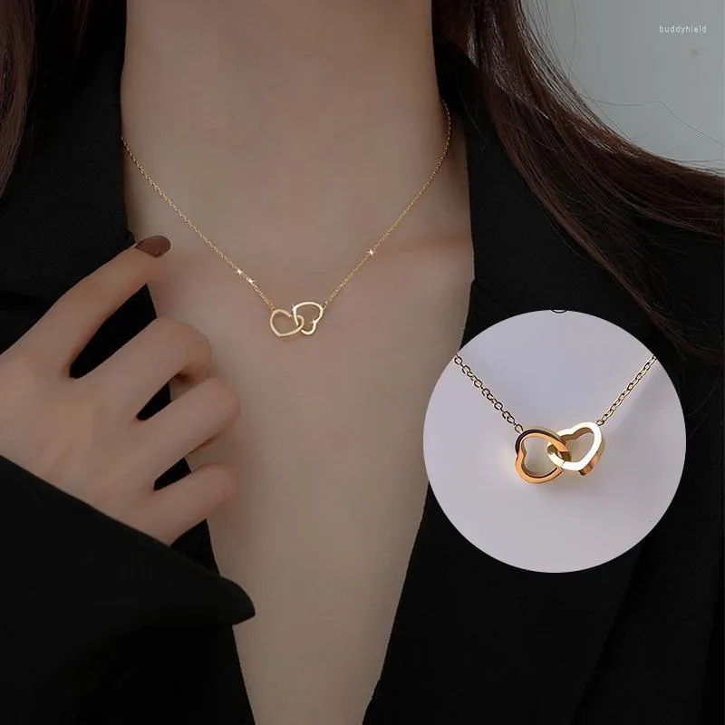 Hanger kettingen roestvrij staal eenvoudige dubbele ring liefde ketting voor vrouwen sieraden zirkonia luxe choker Korea