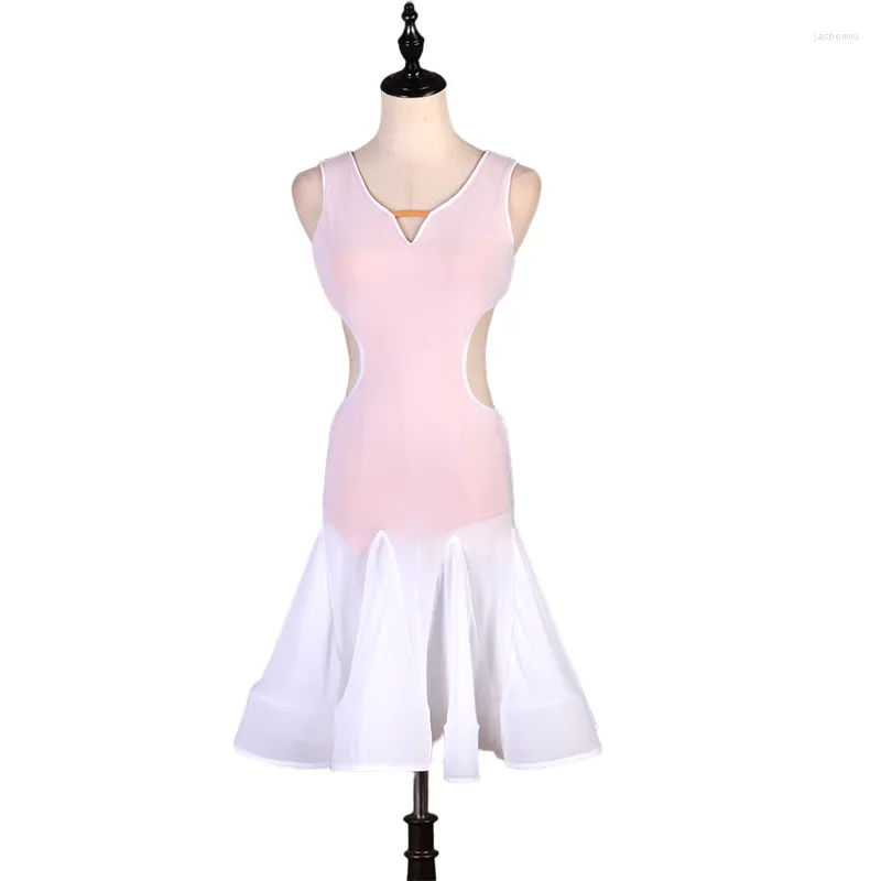 Stage Wear Robe de danse latine rose jupe femmes costumes de compétition minces exécutant des strass scintillants adultes personnaliser enfants