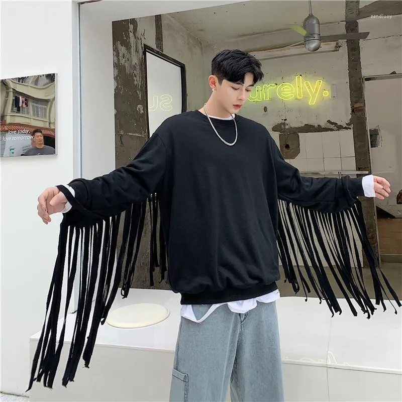 Heren Hoodies Runway Designer Fringe Touw Riem Oversized Hoodie Mannen Extra Losse Lange Mouwen T-Shirt Top Nachtclub DJ Tij