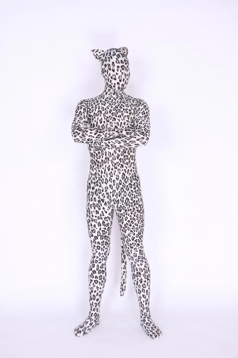 Lycar Spandex bambini Catsuit Costumi bianco Leopard Costume Animal Zentai Full Body Cosplay tuta maschera intera con orecchie e coda