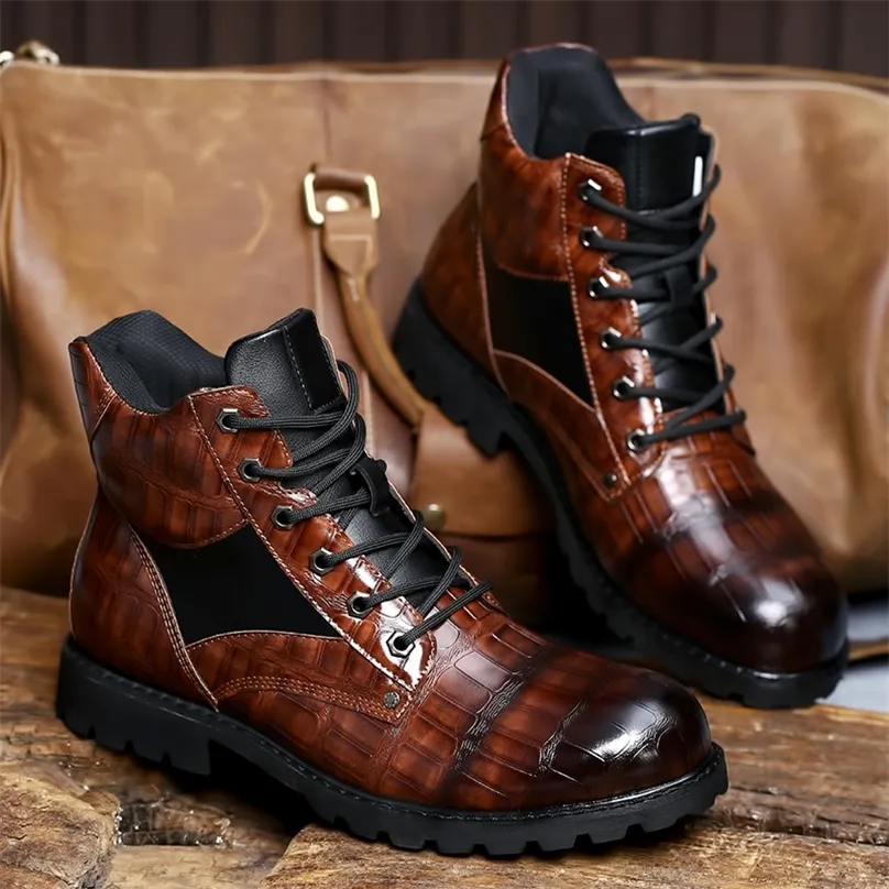 Stiefel Männer Herbst Frühling Leder Round Zehen Grid Muster Quadratheel Männer Schuhe exquisite Mode Freizeit Design 220921