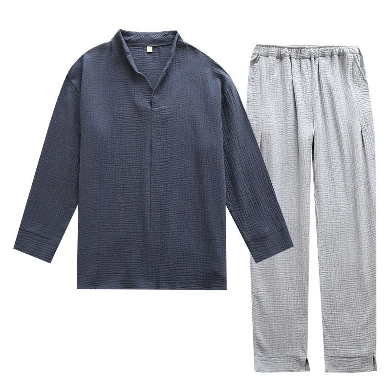 Men's Sleepwear Autumn And Winter Men's Soft Solid Color Pajamas Set 100 Gauze Cotton TopPants 2PCS Sleepwear Loose Full SleevePants Homewear 220920