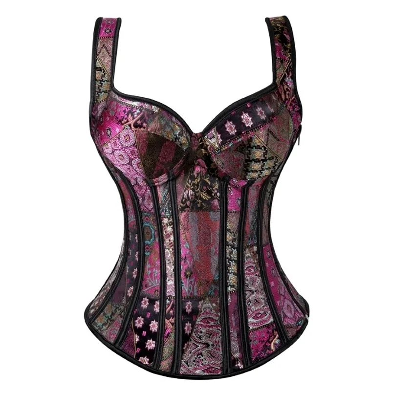 Taille buik Shaper Steampunk -riemen overbust korset met cup rits sexy jacquard bloemen cincher bustier lingerie top plus maat 220921