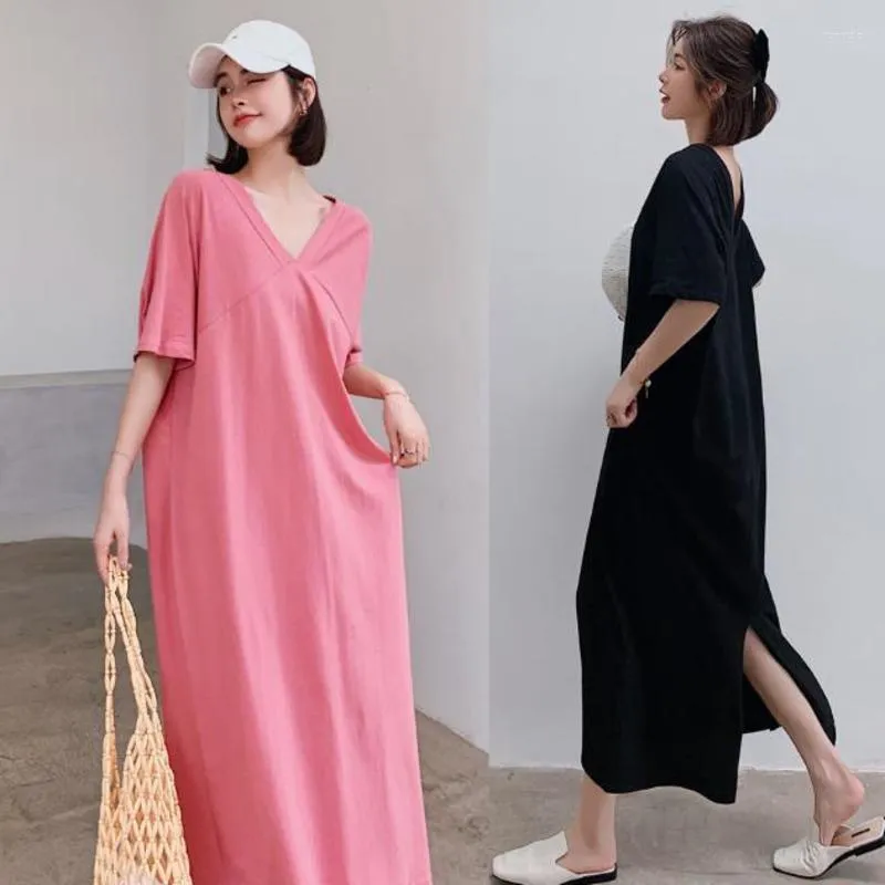 Party Dresses Loose Long Dress Women Summer Casual Skirt Large V-neck Slit Short Sleeve Maxi Vestido Robe Femme Musulmane Clothes Chic