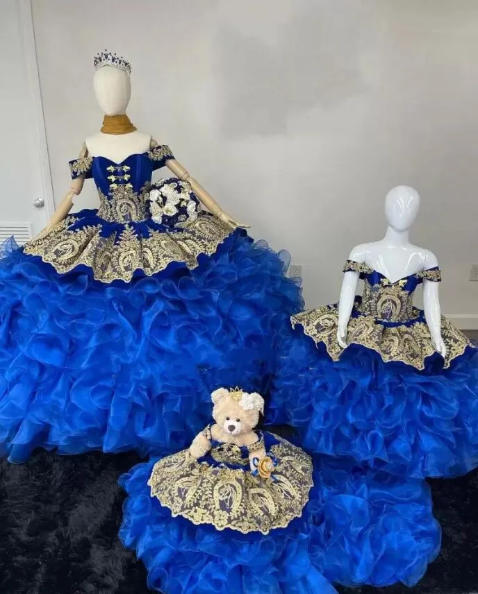 Royal Blue Quinceanera klänningar hästsko snörning korsett charro mini mexikanska xv flickor tävling klänningar organza prom klänning