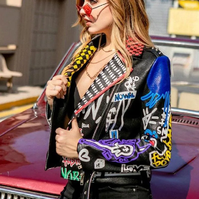 Womens Graffiti Faux Leather Punk Jacket Rivet Motorcycle