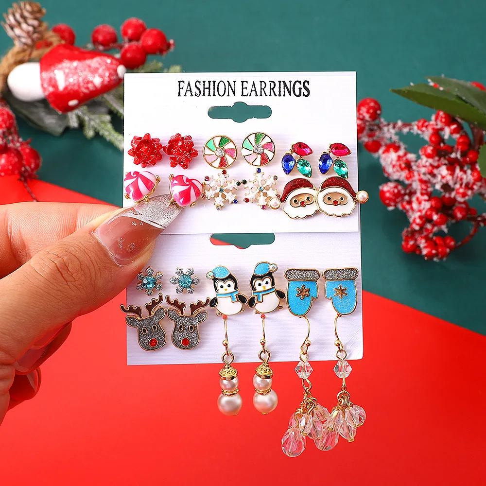 S3216 Fashion Jewelry Stud Chirstmas Earrings Set Snowflake Elk Santa Claus Dangle Earrings 6pairs/set