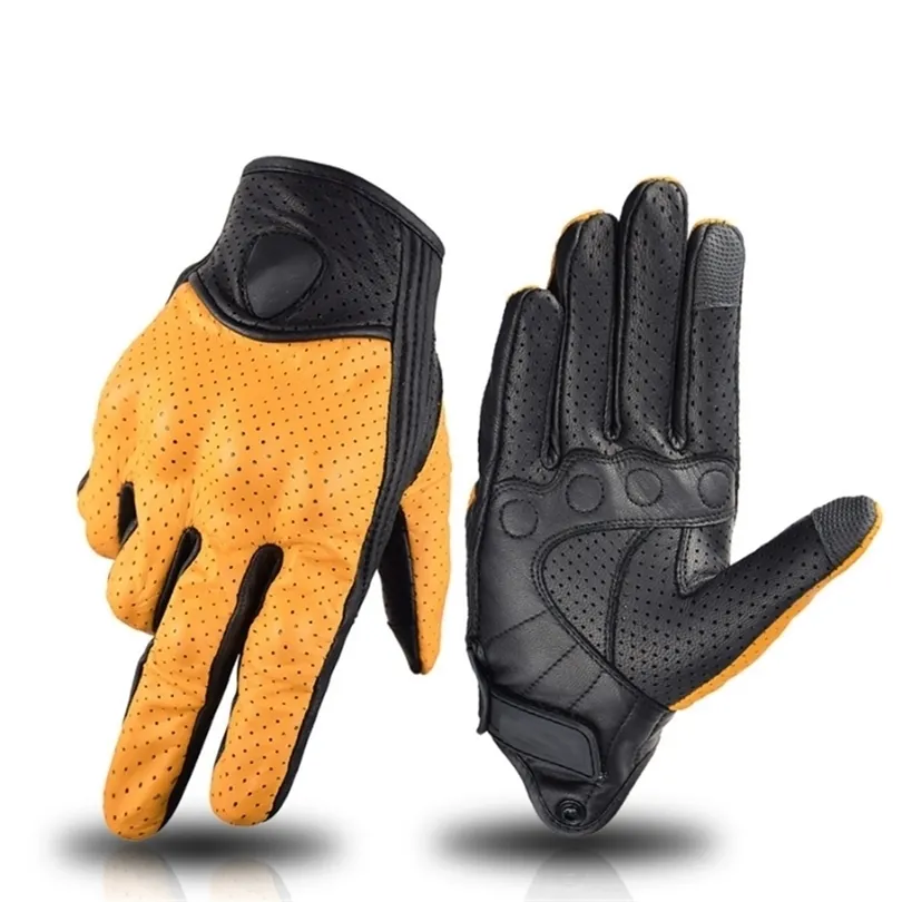 Five Fingers Gloves Summer Motorcycle Gloves Leather Yellow Motocross Glove Men Women Retro Biker Cycling Motorcyclist Protection Goatskin 220921