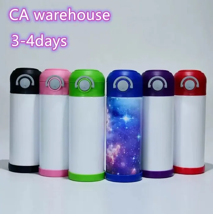 CA Warehouse Bouteille d'eau à sublimation pour enfants de 12 oz Gobelets droits Gobelets à couvercle rabattable Tasse à café de voyage en acier inoxydable avec couvercles rebondissants C002