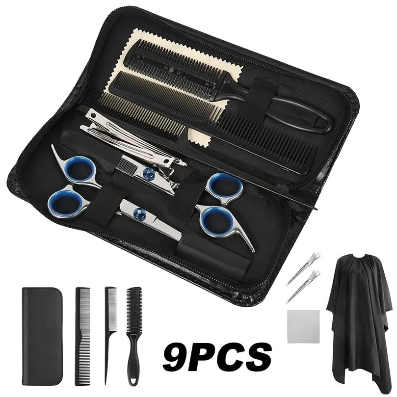 Scissors Shears 9 PCS Hairdressing Barber Kits Hair Trimmer Cutting Haircut Comb Clips Accessories Stainless Steel 220921