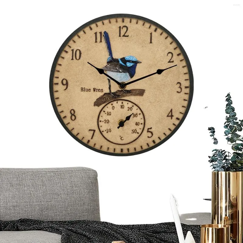 Horloges murales Horloge extérieure 12 pouces résistant à l'eau avec troglodyte bleu pour patio piscine clôture porche jardin décor à la maison