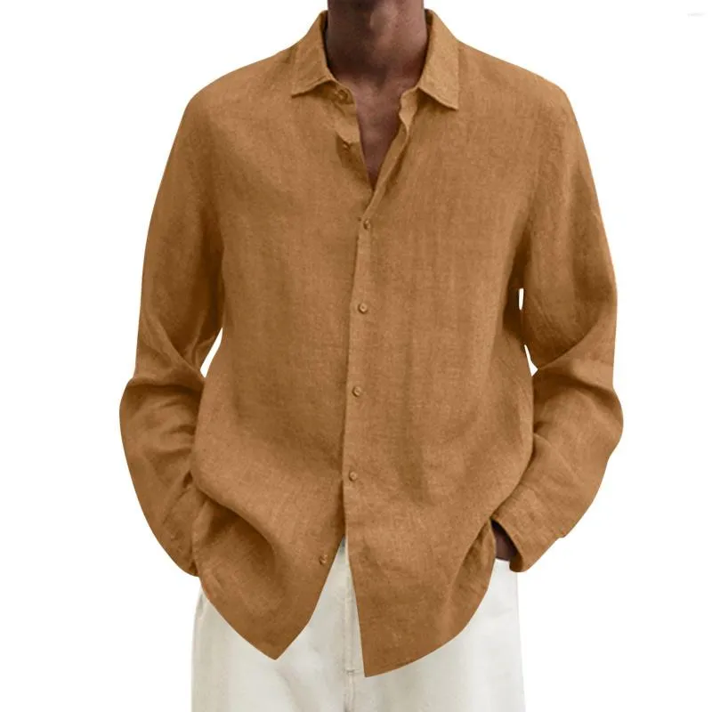 Camisas casuais masculinas masculino linho de algodão sólido solto gole de colarinho longo de manga longa retro retro outono praia masculino macho