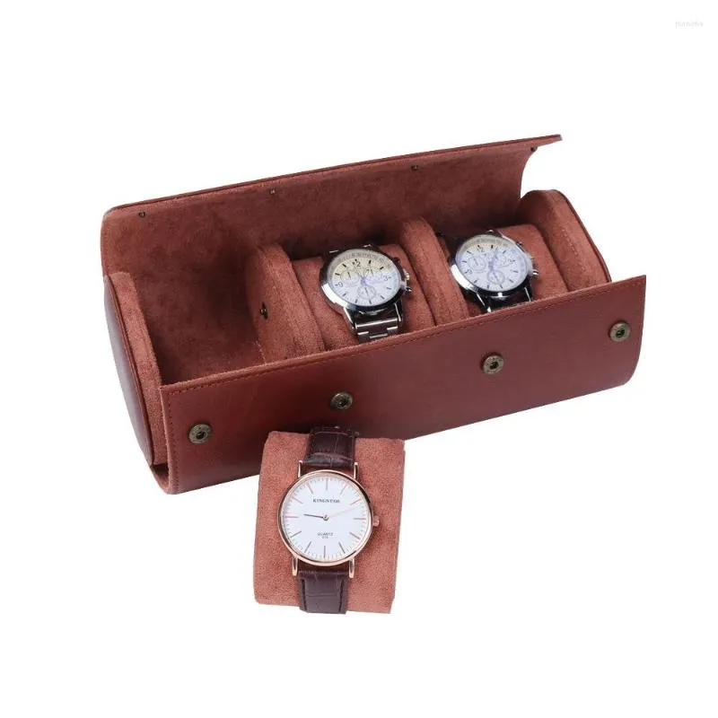 Boîtes de montres luxe léger 3 emplacements de stockage rétro noir marron PU boucle dissimulée pratique pour transporter la boîte de voyage Caja Para Relojes