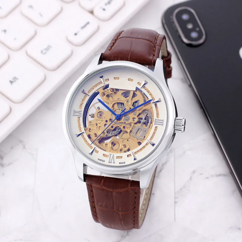 Top Brand Mens Watches Business Gold Men Designer Watch Skeleton Dial Echte lederen band Mechanische automatische 43 mm polshorloges voor het verjaardagscadeau voor heren