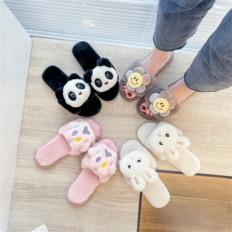 Pantofole Invernali Una Parola Cotone Simpatico Cartone Animato Pelliccia Donna Casa Panda Plus Size Caldo Peluche Mujer Diapositive 220921