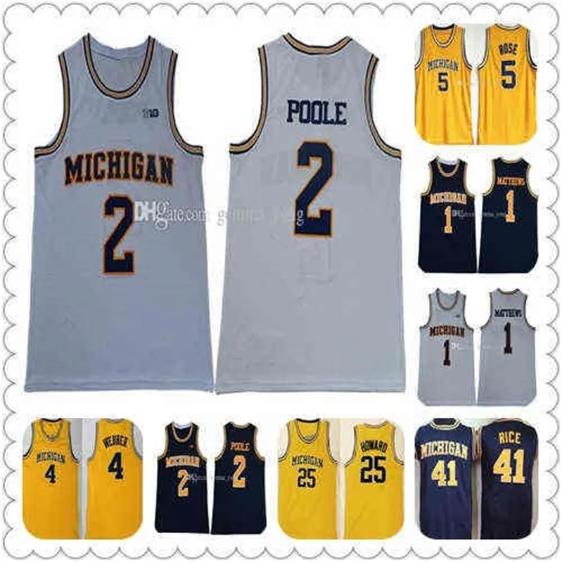 WSKT draagt ​​Michigan Wolverines College Basketball Men 1 Charles Matthews 2 Jorda Poole 5 Jalen Rose 4 Chris Webber 25 Juwan Howard 41 Glen Rice J