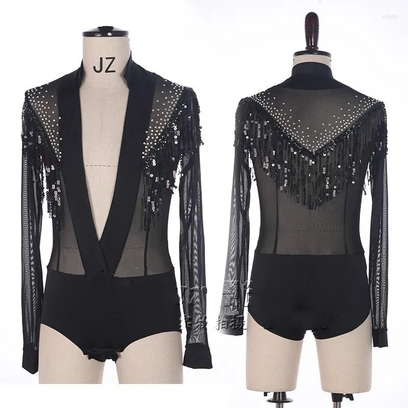 Stage Wear Shiny Rhinestone Latin Dance Top V-neck Men Shirts Ballroom Dancing Clothes Male Professional Competition Dancewear