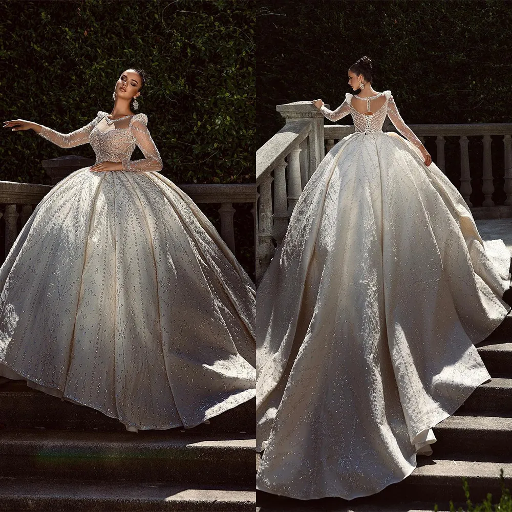 Sparkling Lace Princess Sparkly Ballgown Wedding Dress With V Neck