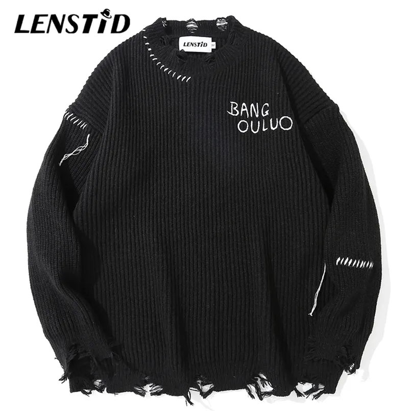 Männer Pullover LENSTID Männer Hip Hop Strickpullover Zerstören Ripped Gestreifte Streetwear Harajuku Herbst Oversize Casual Pullover 220920