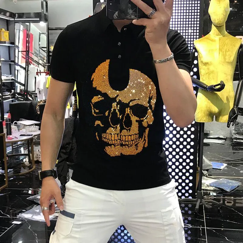 Men's Polos Four Seasons Colorful Rhinestone Men's Breathable Tops Skull Pattern Short Sleeve Gradient Reflective Stretch Shirt