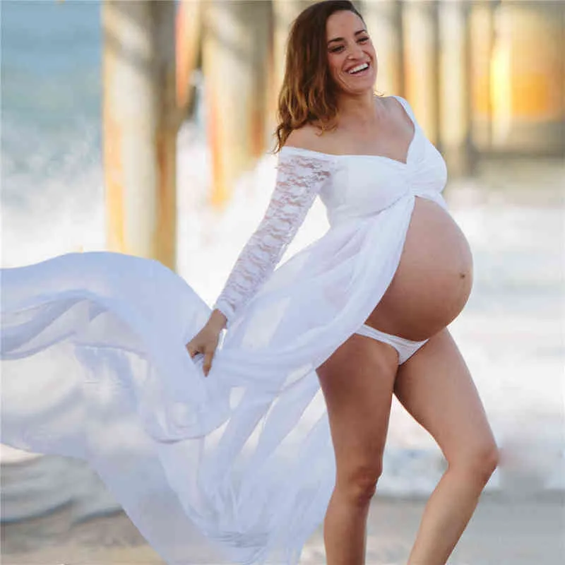 マタニティドレスホワイトレースマタニティドレス写真長い妊娠射撃ドレス