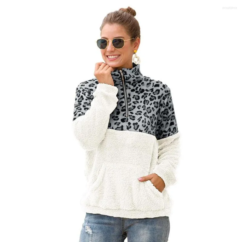 Sweat à capuche femme sweat polaire hiver décontracté fausse fourrure léopard Patchwork moelleux femme chaud col roulé fermeture éclair épais Sherpa hauts