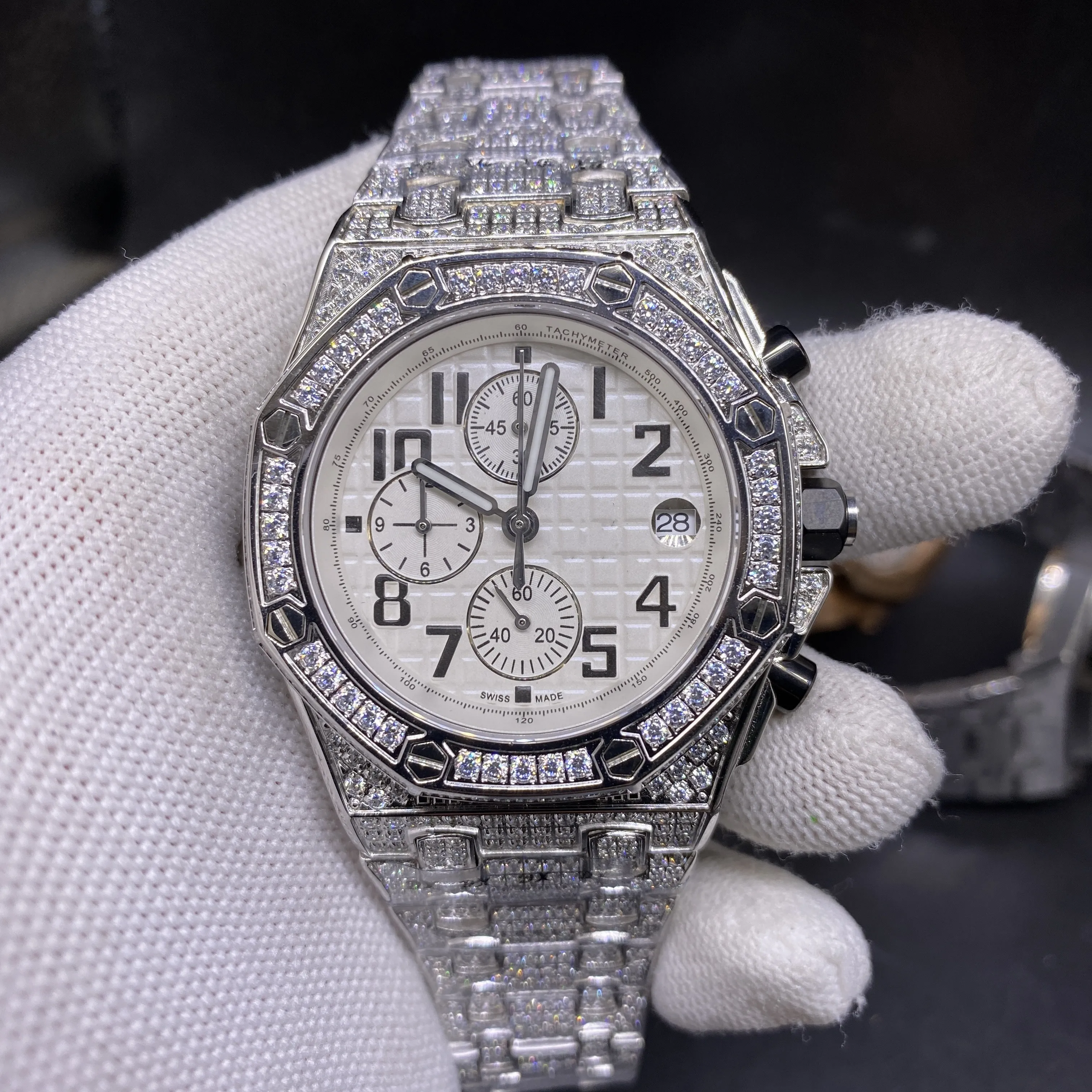 Diamonds Watch Herren-Quarzuhren 42 mm mit diamantbesetztem Stahl 904L, Saphir-Silber-Edelstahlarmband, Business-Armbanduhren