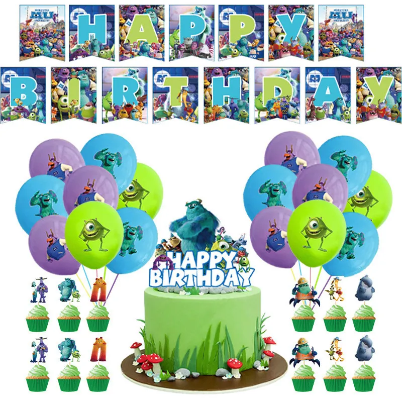 Monster University Birthday Party Decor Monster Latex Balloon Set Happy Birythday Banner Cake Topper Baby Shower Supplies