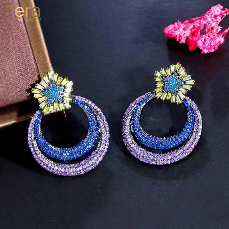 Dangle Earrings Pera Fantastic Big Circle Shape Purple Blue CZ Pave Black Gold Long Flower Charm Drop Earring For Bridesmaid Jewelry E991