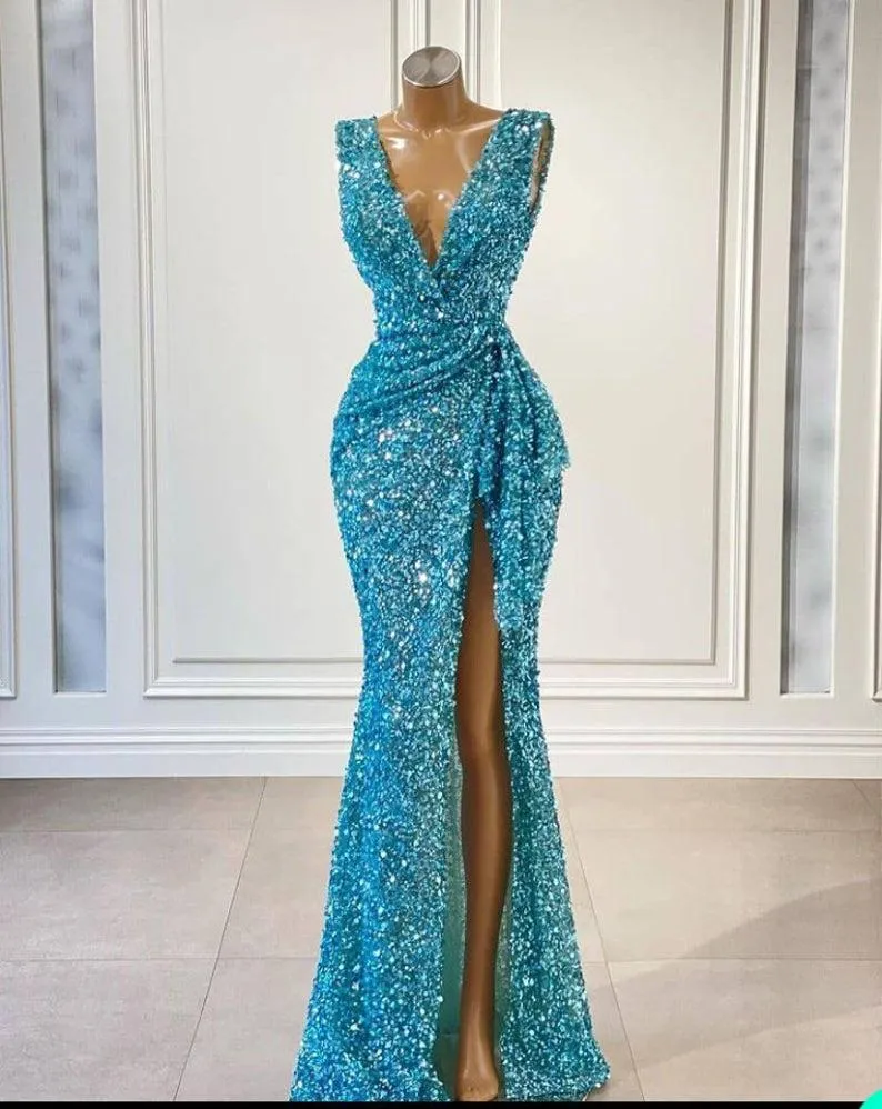 Sexy sirène 2022 robes de bal de bal arabe turquoise à paillettes dentelle en V Ruffles se paillettes de la longueur du sol la longueur du sol divisé en soirée