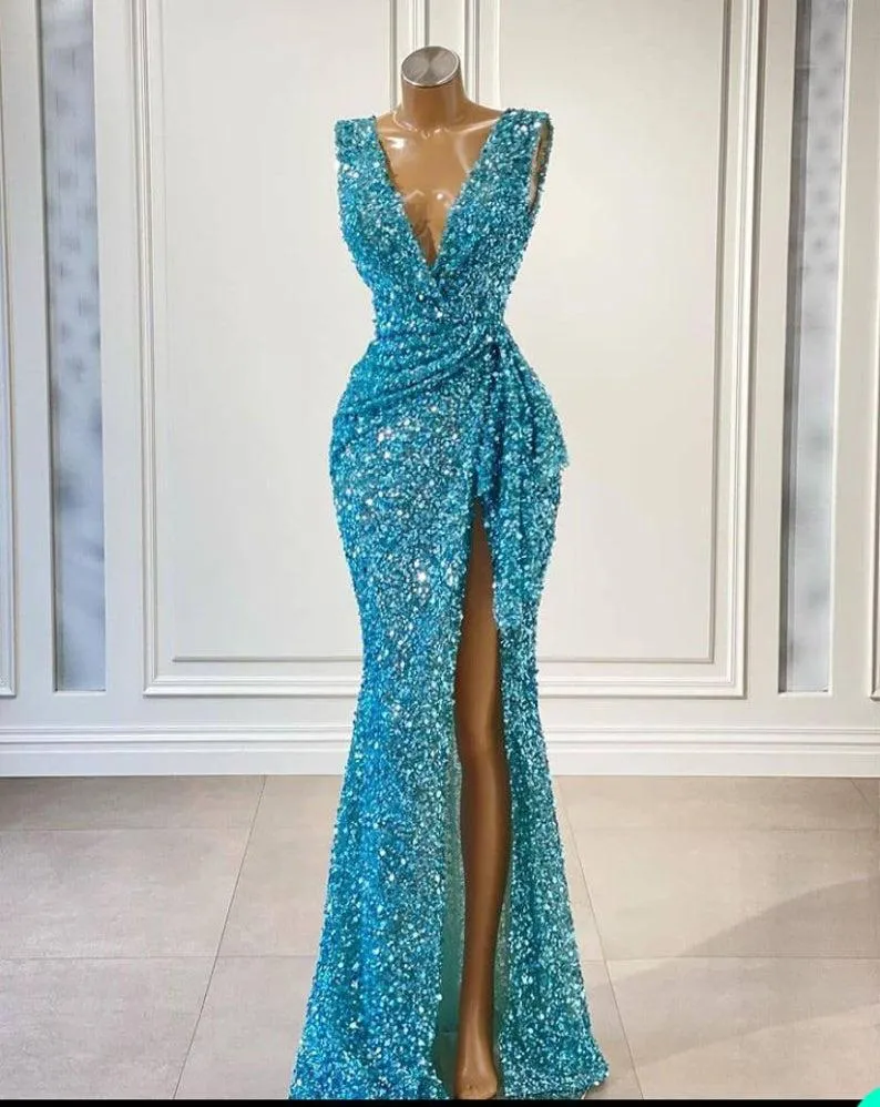 Sirène sexy robes de bal arabe turquoise à paillettes en de profonde v couche-coudes se paillettes côté haut de la longueur du sol divisé le soir de soirée robes de fête de fête spécial ocs us 403