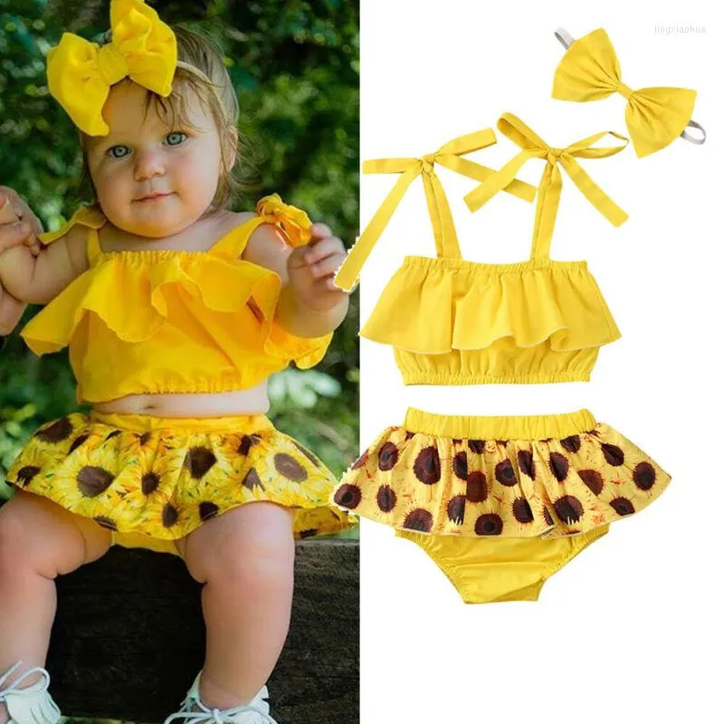 Ensembles de vêtements Born Baby Girl Tournesol Hauts sans manches Crop Shorts Robe 3PCS Outfit Vêtements d'été