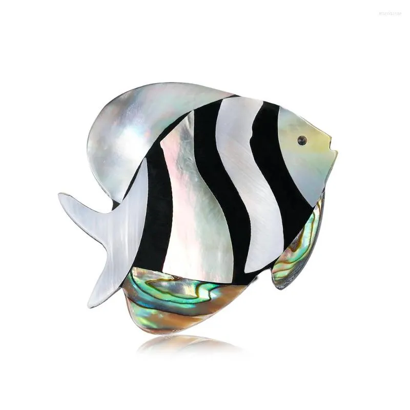 Brooches Black White Striated Fish Brooch Natural Shell Jewelry For Women Children Marine Animal Pins Accessories Gifts