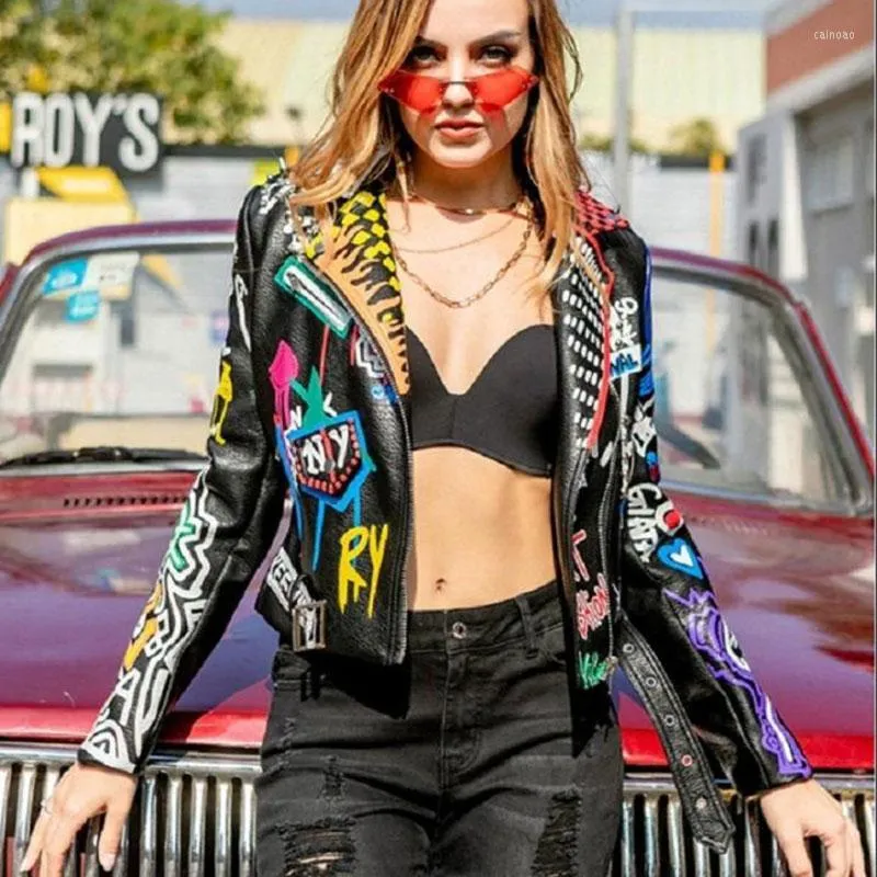 Womens Graffiti Faux Leather Punk Jacket Rivet Motorcycle