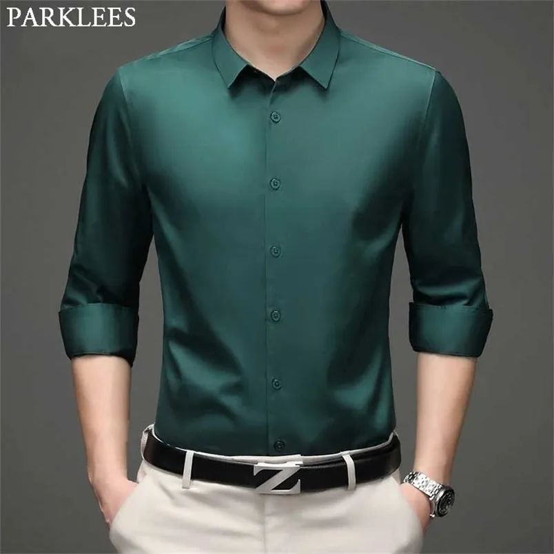 Men's Casual Shirts Green Mens Dress Brand Superfine Long Sleeve Men Slim Fit Elastic Breathable Non-Iron Quality Male 220920