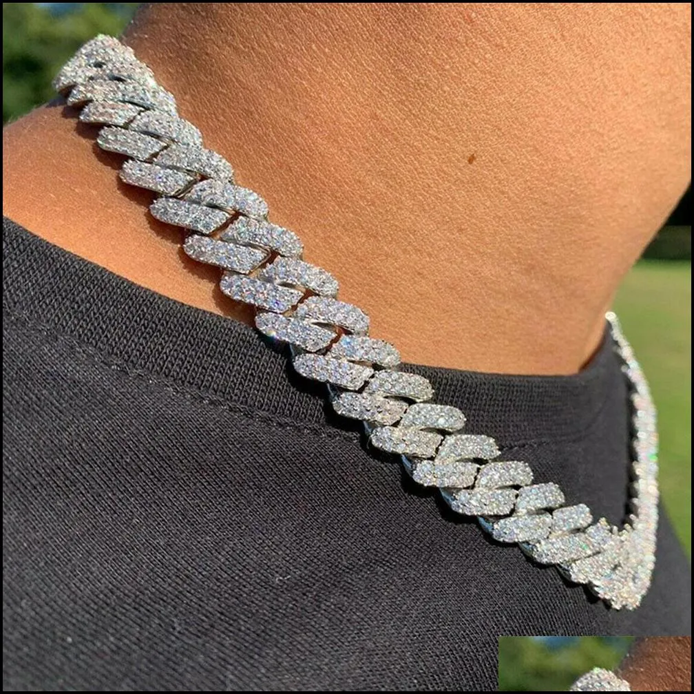 designer necklace 14mm iced cuban link mens gold chain prong chain necklace 14k white gold plated 2 row diamond cubic zirconia jewelry 16inch-24inch cuban