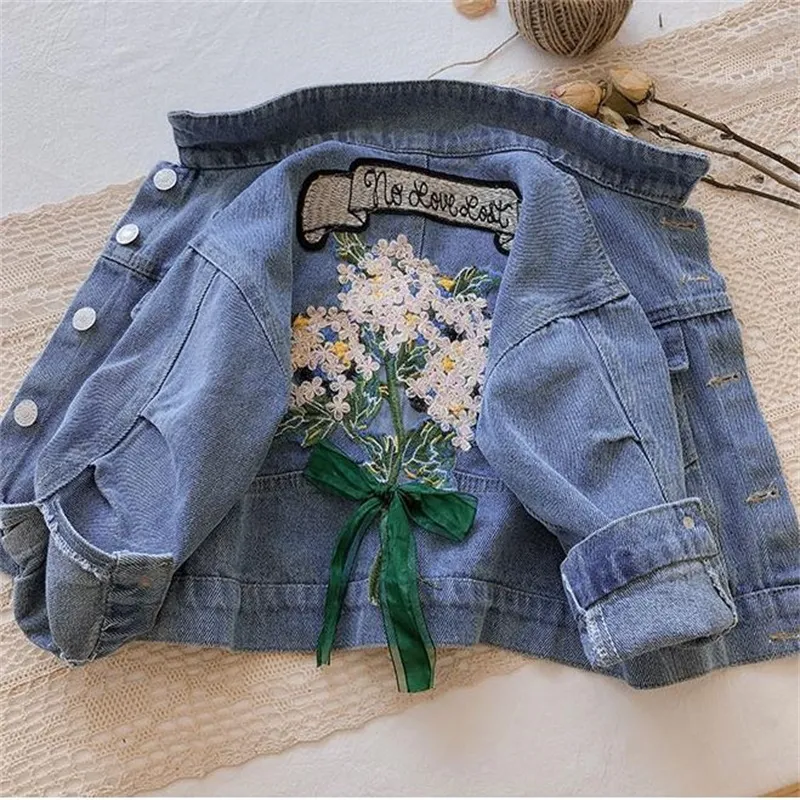 Baby denimjackor f￶r flickor blomma broderi rockar v￥r h￶st mode barn barn outwear rippade jeans jackor jean 20220921 e3