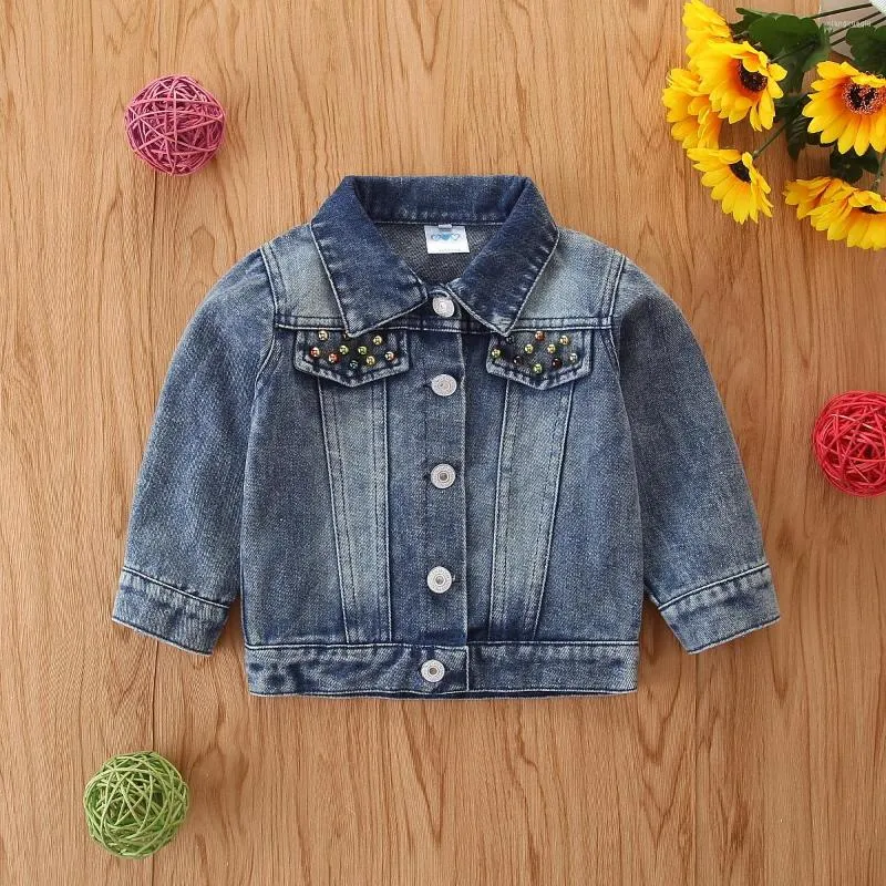 Jackor Autumn Baby Girls Jacket Rockar Blue Denim Sequined Patchwork Pocket Long Sleeve Single Breasted Outwears 0-5y
