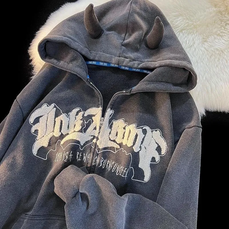 Retro Oversized Vintage Zip Up Hoodie With Horn And Letter Retro Oversized Vintage Zip Up Hoodie With Horn And Letter
