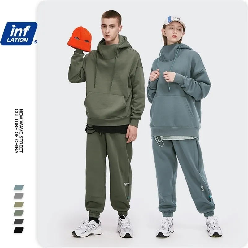 Men's Tracksuits INFLATION Men Thick Fleece Tracksuit Winter Warm Hoodie and Sweatpant Set Unisex High Collar Oversized Jogging Suit 220920