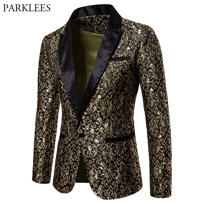 Costumes pour hommes Blazers Gold Jacquard Bronzing Floral Men Brand Mens Patchwork One Button Jacket Party Stage Singer Costume Homme 220920